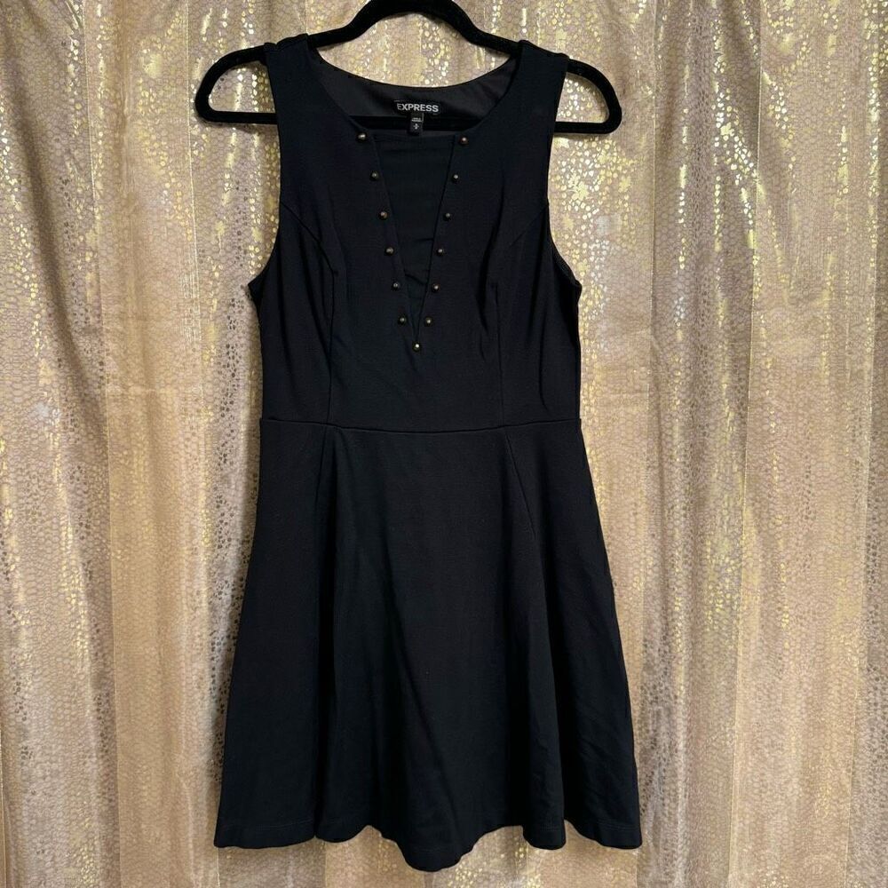 Express Black Skater Mini Form Fitting Dress Mesh V Neck Studs Medium